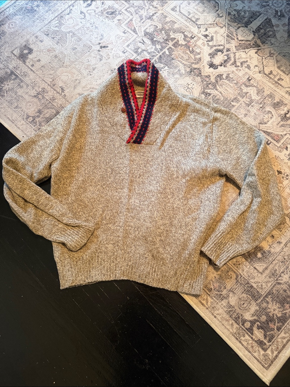 Stetson Oatmeal Shawl Collar Sweater with Red & Navy Trim